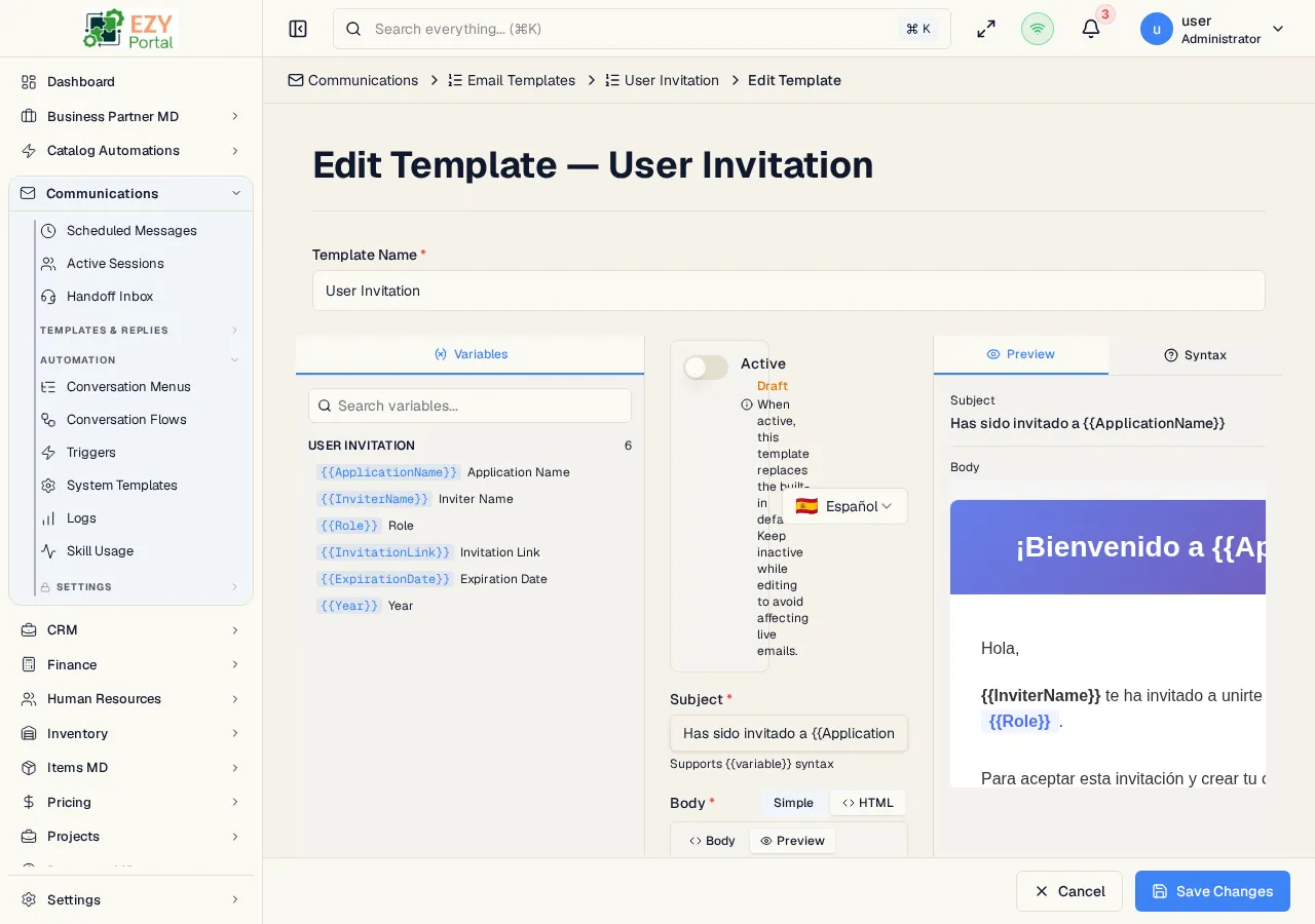 Password Reset system template editor pre-filled with default subject, body, variables, and preview