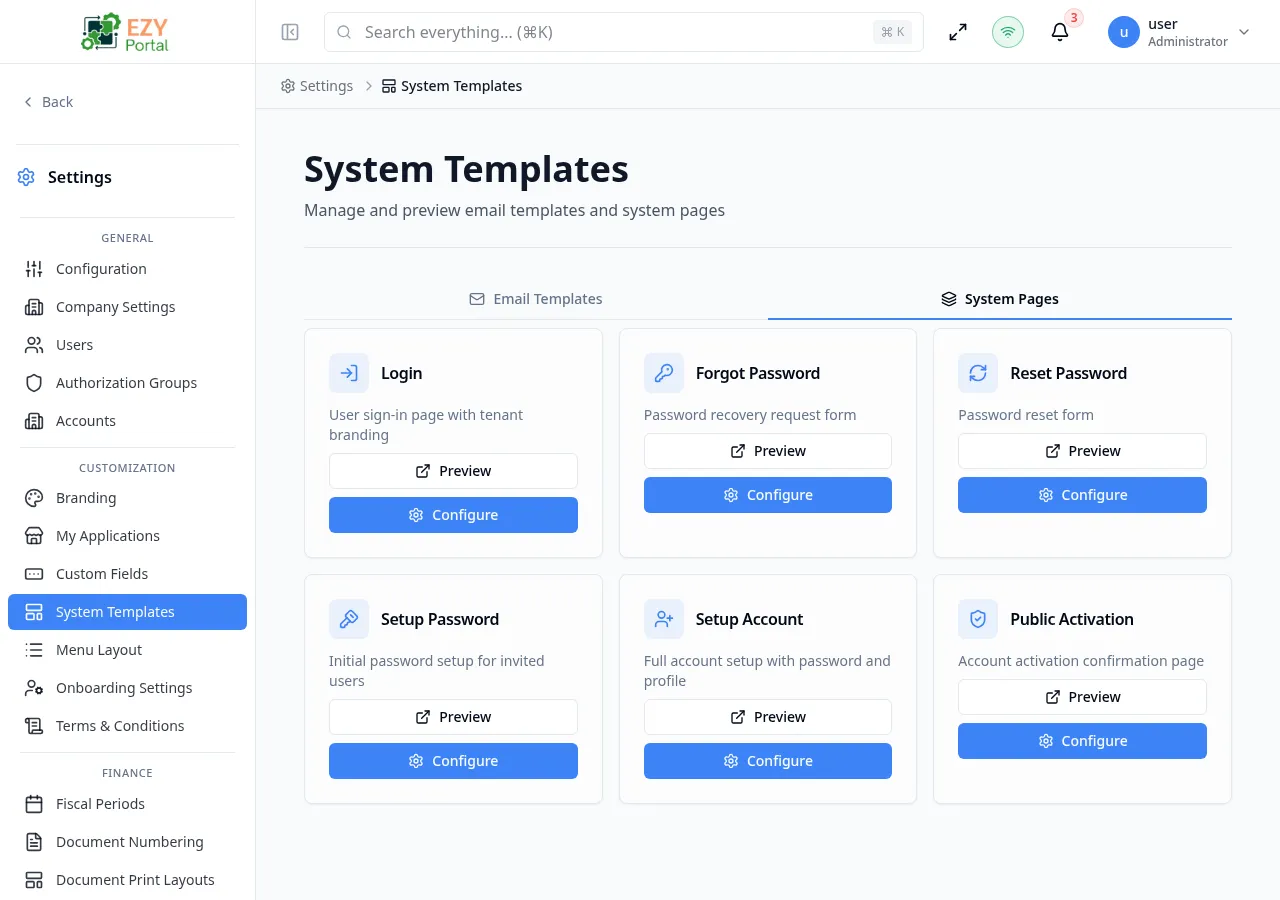 System Templates System Pages tab showing Login, Forgot Password, Reset Password, Setup Password, Setup Account, and Public Activation page cards