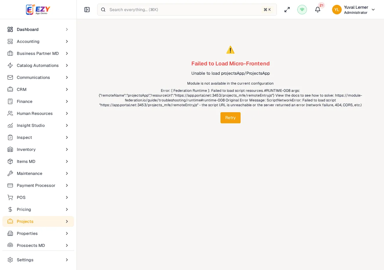 Edit Project dialog pre-filled with existing project data showing name, project type locked, and current status