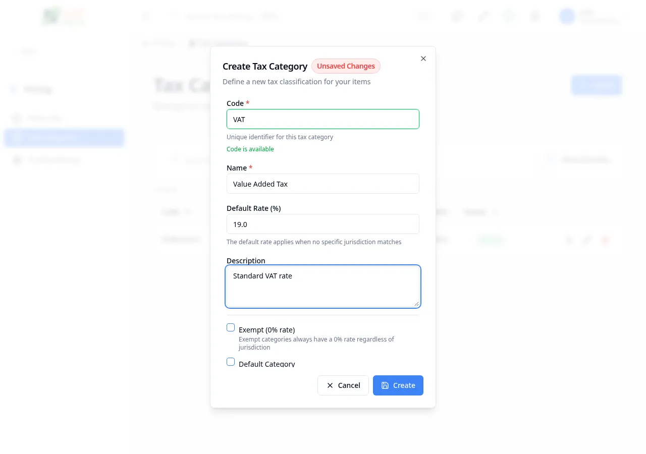 Create tax category dialog