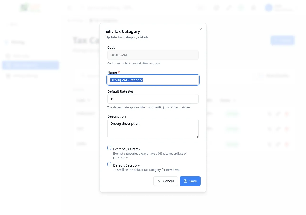 Edit tax category dialog