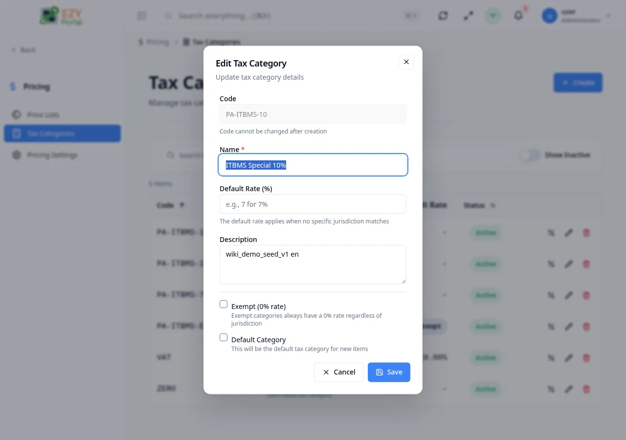 Edit tax category dialog