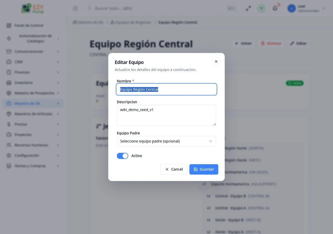Diálogo editar equipo