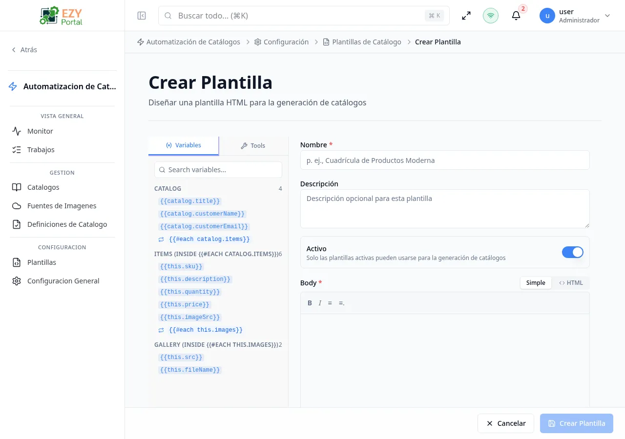 Editor Crear Plantilla con el selector de variables a la izquierda y los campos Nombre, Descripción, toggle Activo y Cuerpo HTML a la derecha