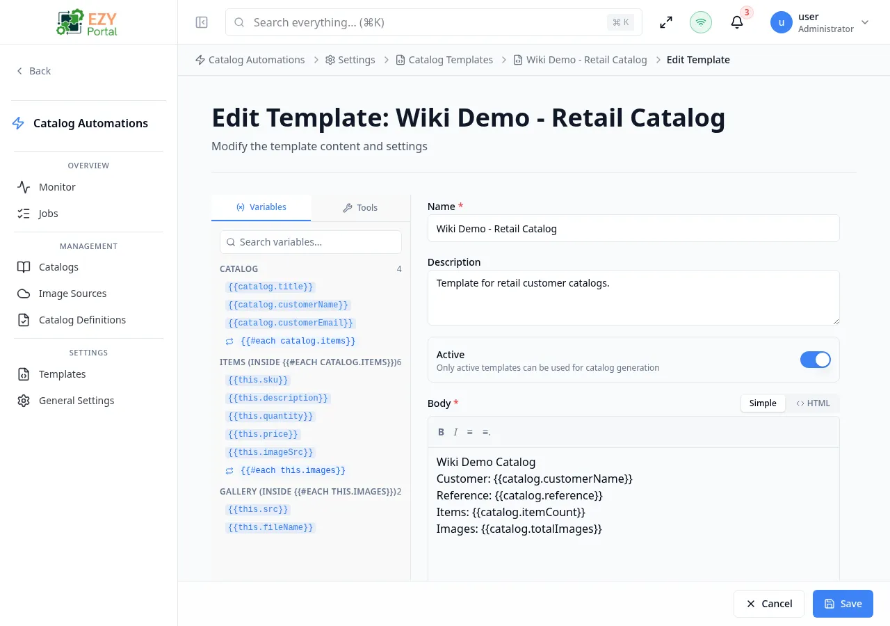 Edit Template editor pre-populated with an existing template's name, description, and HTML body