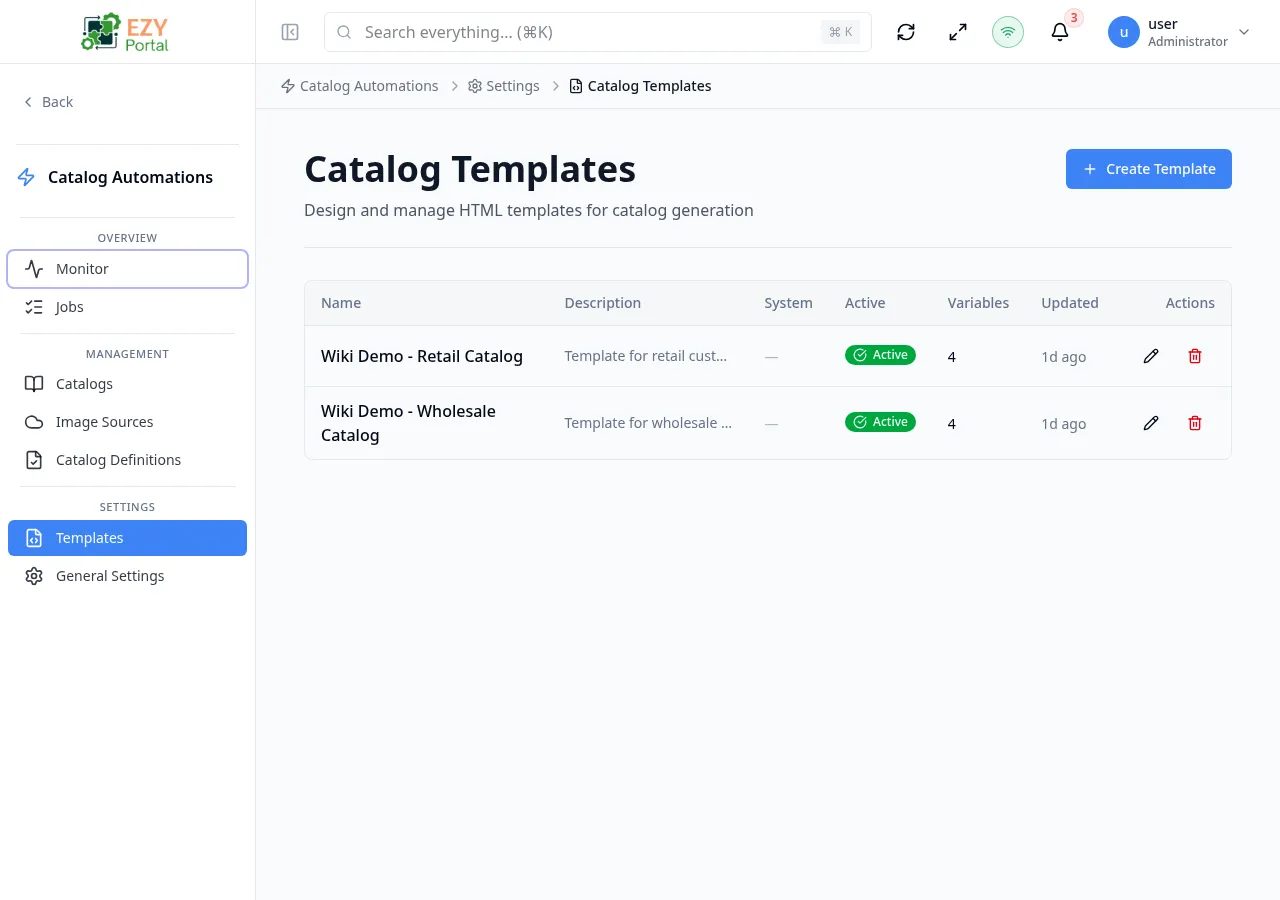 Templates list page showing catalog templates with name, description, system flag, active status, variable count, and updated columns