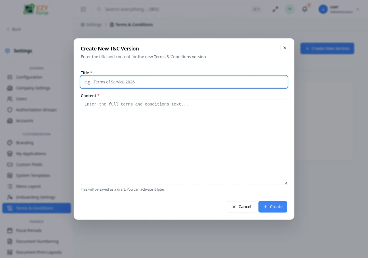 Create Terms & Conditions dialog with Title and Content fields filled with sample data