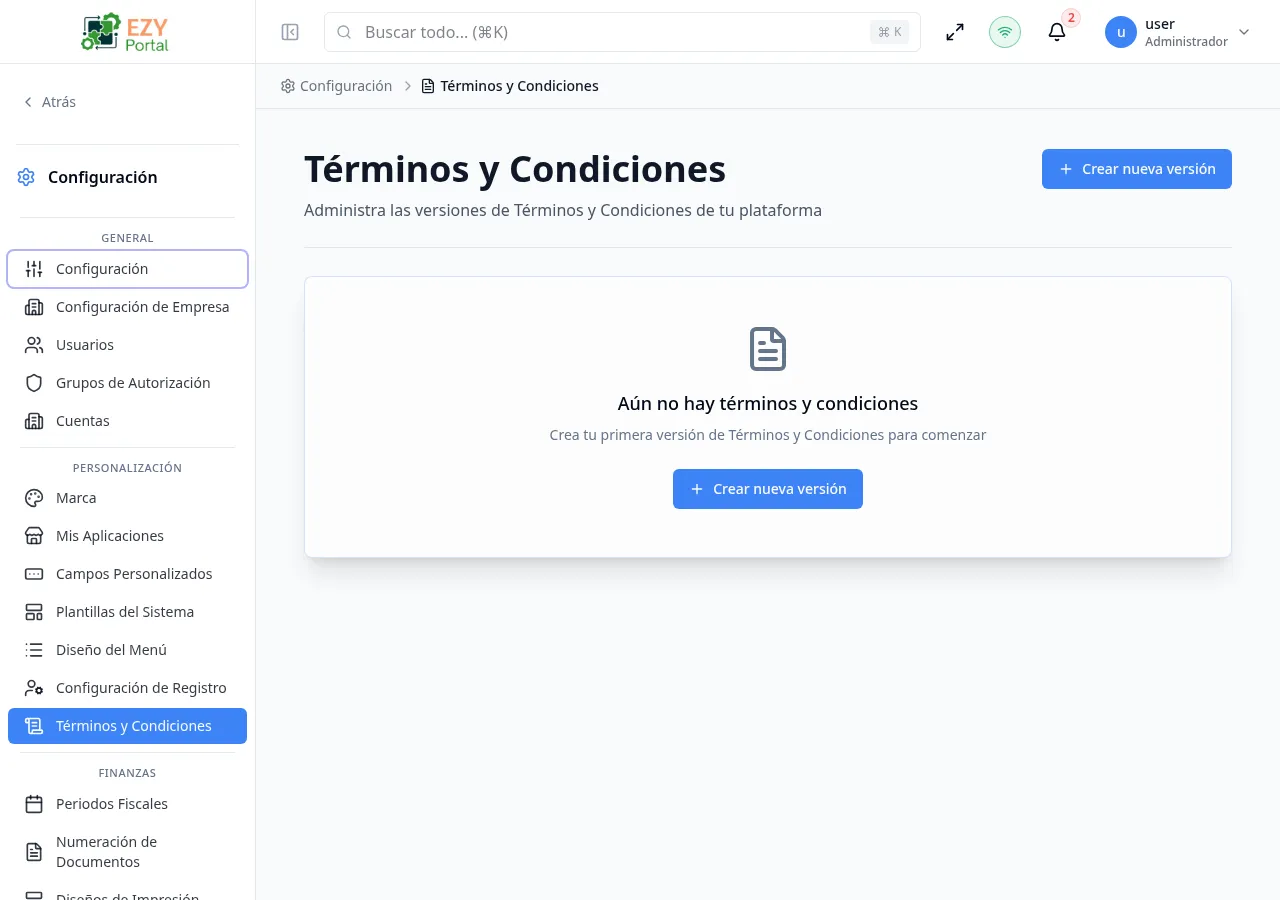 Lista de Términos y Condiciones con varias tarjetas de versión y etiquetas de estado Activa y Borrador
