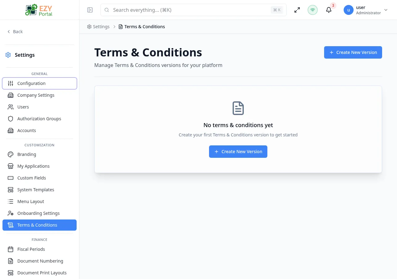 Terms & Conditions list showing multiple version cards with status badges for Active and Draft