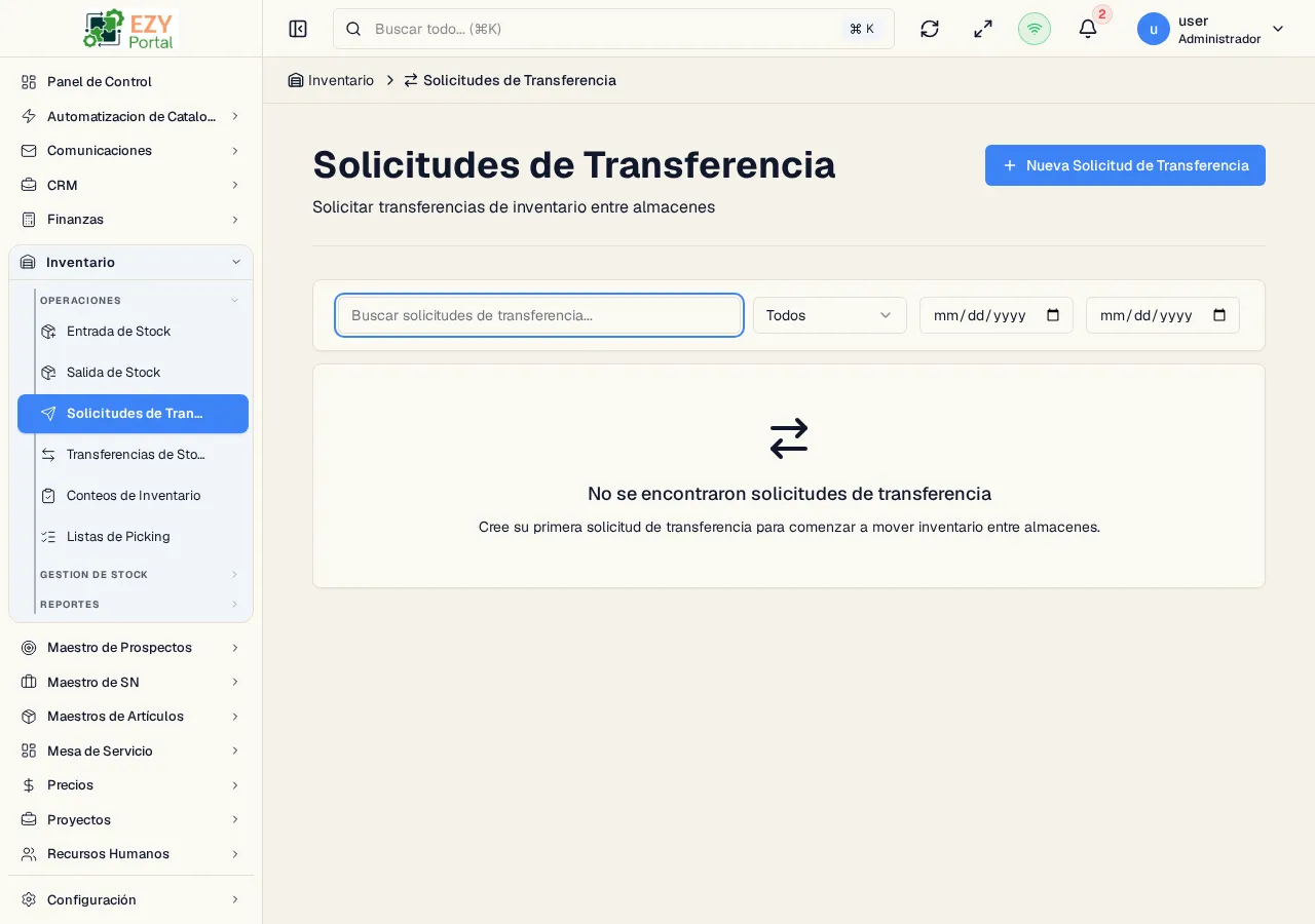 Lista de Solicitudes de Transferencia mostrando columnas N° Documento, Estado, Almacén Origen, Almacén Destino, Fecha y Cumplimiento con múltiples documentos de planificación