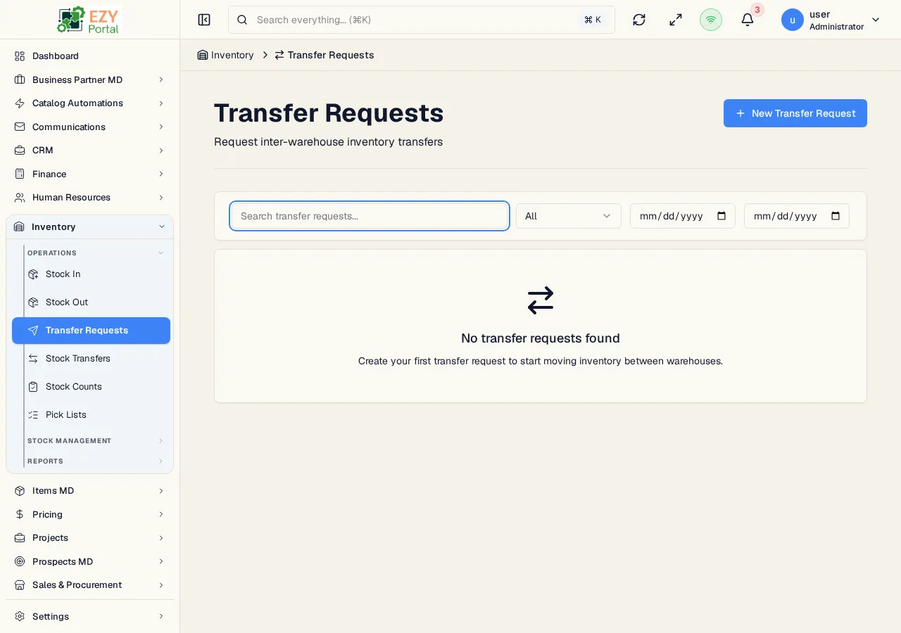 Transfer Requests list showing Document #, Status, From Warehouse, To Warehouse, Date, and Fulfillment columns with multiple planning documents