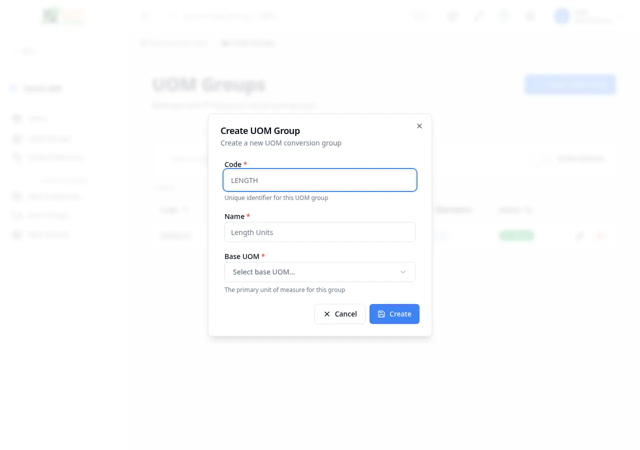 Create UOM group dialog