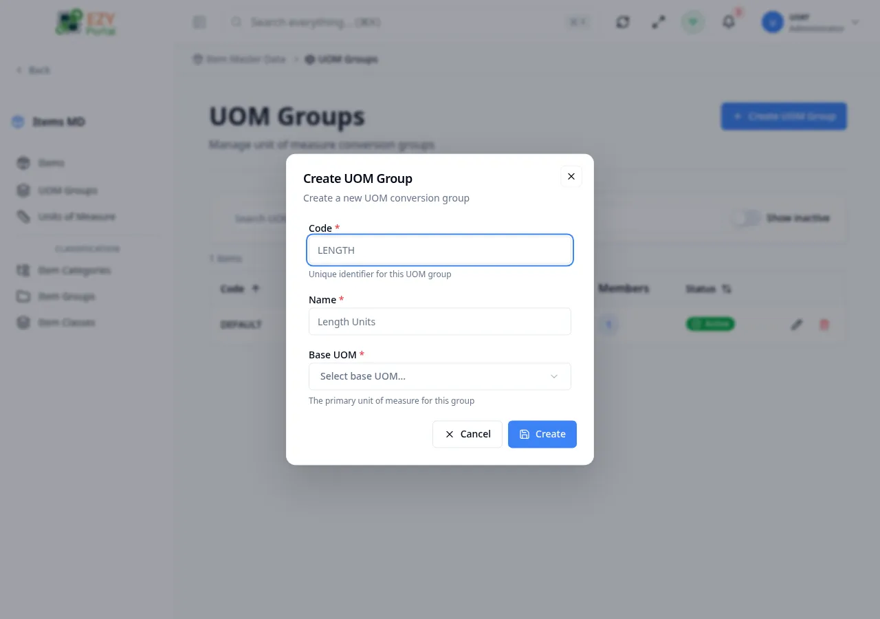 Create UOM group dialog