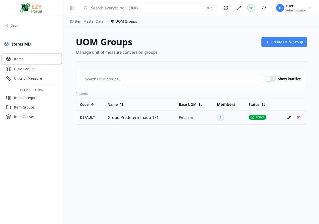 UOM groups page