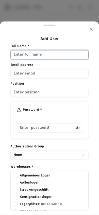 Add User form with Full Name, Email, Position, Password, Authorization Group, and Warehouses fields