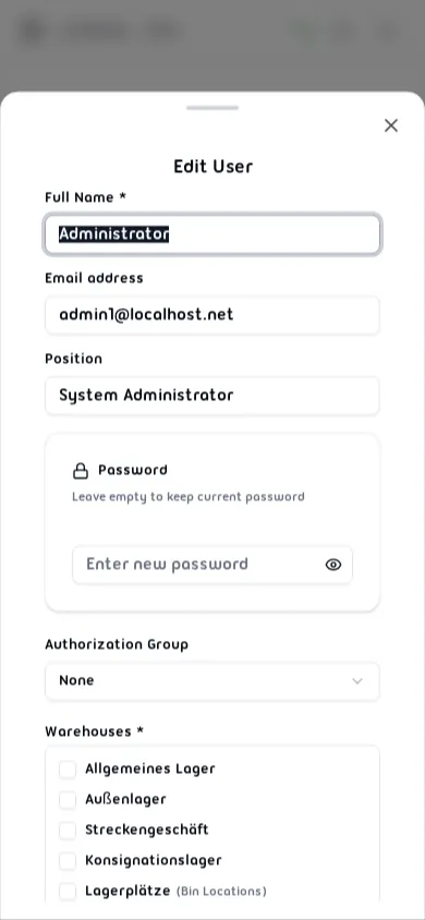 Edit User form pre-filled with the user's existing data