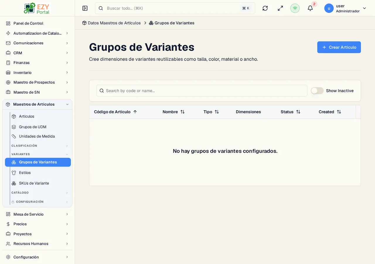 Página de grupos de variantes