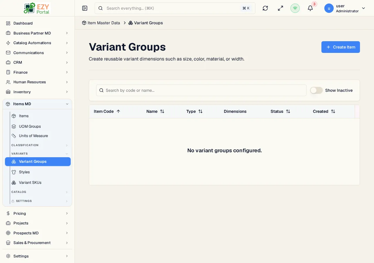 Variant groups page