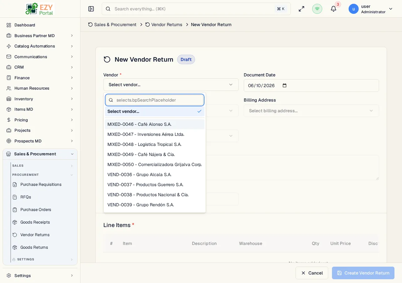 Create Vendor Return form showing vendor, document date, return reason, payment terms, price list, and editable return lines