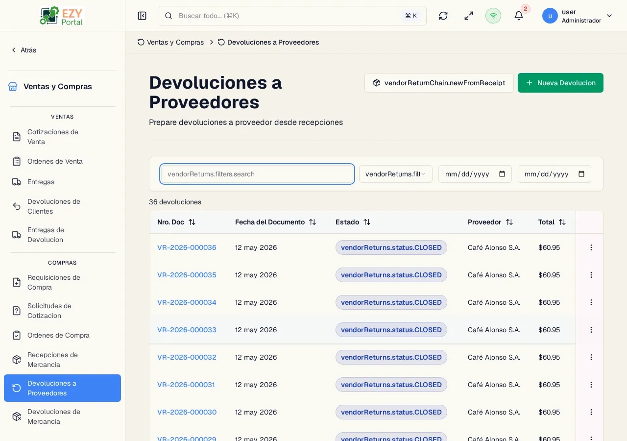 Lista de Devoluciones a Proveedor mostrando columnas de número de documento, fecha, estado, proveedor y total