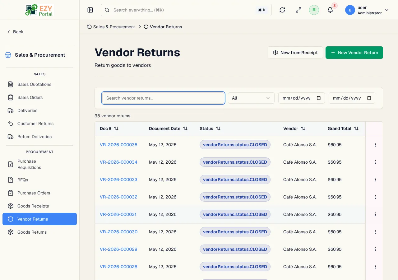 Vendor Returns list page showing document number, date, status, vendor, and grand total columns
