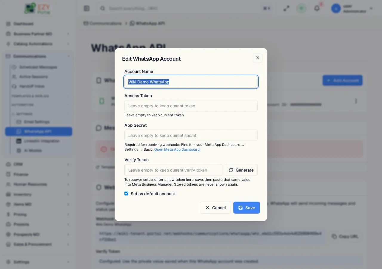 Edit WhatsApp Business Account dialog pre-filled with editable account fields and masked secrets