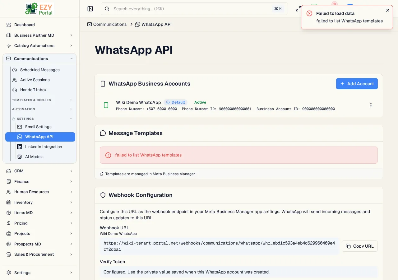 Webhook Configuration section showing the WhatsApp webhook URL and verify token controls