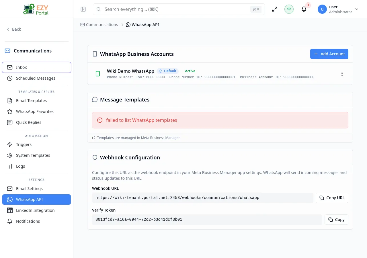 WhatsApp Settings page showing a WhatsApp Business Accounts section with one account card, a Message Templates section with a template table, and a Webhook Configuration section with the URL and verify token